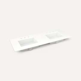 Quartz Stone Vanity Top, 60" x 1-1/8" x 23", Double Undercounter Sink, White Zeus Extreme, Three Hole, For Sendai and Mackey