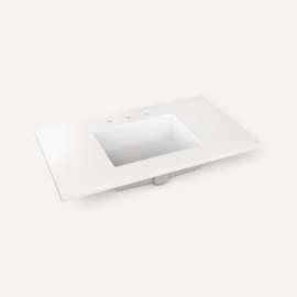 Quartz Stone Vanity Top, 37" x 3/4" x 22", Center Undercounter Sink, Quartz White, Three Hole, For Islamorada and Sinca