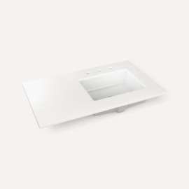 Quartz Stone Vanity Top, 37" x 3/4" x 22", Right Offset Undercounter Sink, Quartz White, Three Hole
