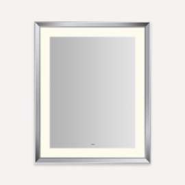 Sculpt Lighted Mirror, 27" x 33" x 2-5/16", Chamfer Museum Frame, Chrome, Perimeter Light Pattern, Warm White (3000K), Dimmable, Defogger, Title 24 Compliant