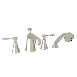 4-Hole Deck Mount Tub Filler with Metal Lever Handshower in Polished Nickel