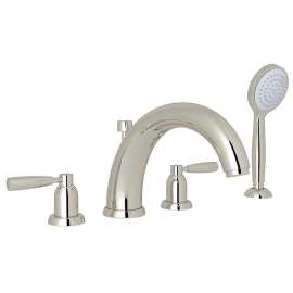 4-Hole Deck Mount Modified C-Spout Bathtub Filler with Metal Lever Handshower in Polished Nickel