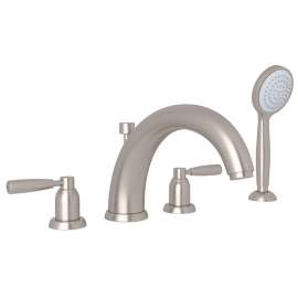 4-Hole Deck Mount Modified C-Spout Bathtub Filler with Metal Lever Handshower in Satin Nickel