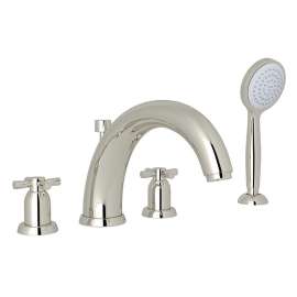 4-Hole Deck Mount Modified C-Spout Bathtub Filler with Cross Handle Handshower in Polished Nickel
