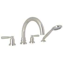4-Hole Deck Mount Tubular C-Spout Bathtub Filler with Metal Lever Handshower in Polished Nickel