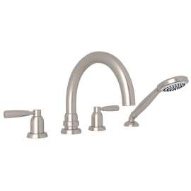 4-Hole Deck Mount Tubular C-Spout Bathtub Filler with Metal Lever Handshower in Satin Nickel