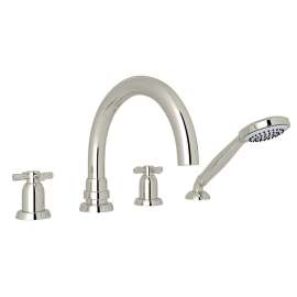4-Hole Deck Mount Tubular C-Spout Bathtub Filler with Cross Handle Handshower in Polished Nickel