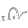 4-Hole Deck Mount Tubular C-Spout Bathtub Filler with Cross Handle Handshower in Satin Nickel