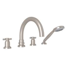 4-Hole Deck Mount Tubular C-Spout Bathtub Filler with Cross Handle Handshower in Satin Nickel