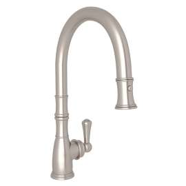 Georgian Era Traditional Pulldown Kitchen Faucet With Metal Lever Handle In Satin Nickel