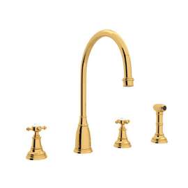 Perrin and Rowe U.4735X-IB-2 Widespread Kitchen Faucet and Metal Cross Handles in English Gold