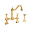 Bridge Kitchen Faucet and Metal Cross Handles in English Gold