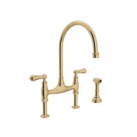 Georgian Era Bridge Kitchen Faucet With Sidespray And Metal Alsace Levers In Unlacquered Brass