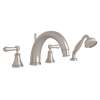 4-Hole Deck Mount C-Spout Tub Filler with Metal Lever Porcelain Cap Handshower in Satin Nickel