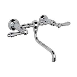 Wall Mount Bridge Lavatory Faucet with Metal Levers and Low Swinging Spout