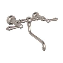 Wall Mount Bridge Lavatory Faucet with Metal Levers and Low Swinging Spout in Satin Nickel