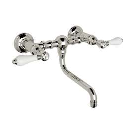 Wall Mount Bridge Lavatory Faucet with Porcelain Levers and Low Swinging Spout in Polished Nickel