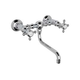 Wall Mount Bridge Lavatory Faucet with Crystal Cross Handles and Low Swinging Spout