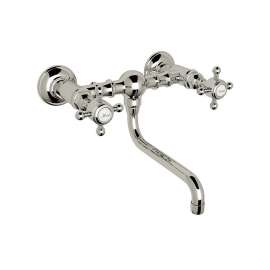 Wall Mount Bridge Lavatory Faucet with Crystal Cross Handles and Low Swinging Spout in Polished Nickel