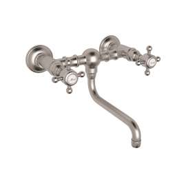 Wall Mount Bridge Lavatory Faucet with Crystal Cross Handles and Low Swinging Spout in Satin Nickel