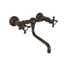 Wall Mount Bridge Lavatory Faucet with Crystal Cross Handles and Low Swinging Spout in Tuscan Brass