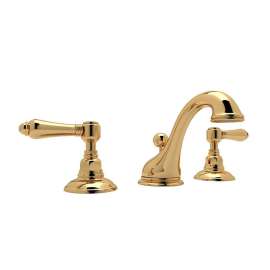 C-Spout Widespread Lavatory Faucet with Metal Lever Pop-Up in Italian Brass