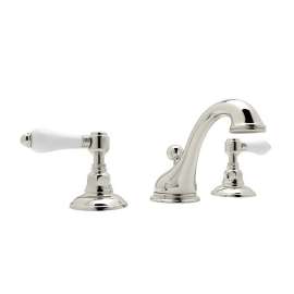 C-Spout Widespread Lavatory Faucet with Porcelain Lever Pop-Up in Polished Nickel