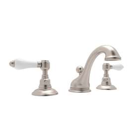 C-Spout Widespread Lavatory Faucet with Porcelain Lever Pop-Up in Satin Nickel