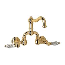 Wall Mount Bridge Lavatory Faucet with Crystal Levers Pop-Up and Column Spout in Italian Brass