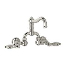 Wall Mount Bridge Lavatory Faucet with Crystal Levers Pop-Up and Column Spout in Polished Nickel