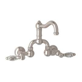 Wall Mount Bridge Lavatory Faucet with Crystal Levers Pop-Up and Column Spout in Satin Nickel