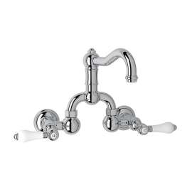 Wall Mount Bridge Lavatory Faucet with Porcelain Levers Pop-Up and Column Spout