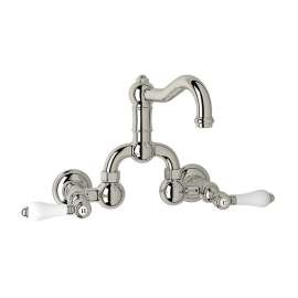 Wall Mount Bridge Lavatory Faucet with Porcelain Levers Pop-Up and Column Spout in Polished Nickel