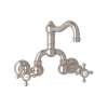 Wall Mount Bridge Lavatory Faucet with Cross Handles Pop-Up and Column Spout in Satin Nickel