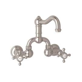 Wall Mount Bridge Lavatory Faucet with Cross Handles Pop-Up and Column Spout in Satin Nickel