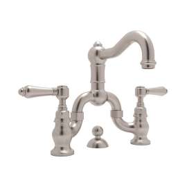Deck Mount Bridge Lavatory Faucet with Metal Levers Pop-Up and Column Spout in Satin Nickel