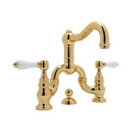 Deck Mount Bridge Lavatory Faucet with Porcelain Levers Pop-Up and Column Spout in Italian Brass
