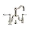 Deck Mount Bridge Lavatory Faucet with Porcelain Levers Pop-Up and Column Spout in Polished Nickel