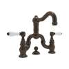 Deck Mount Bridge Lavatory Faucet with Porcelain Levers Pop-Up and Column Spout in Tuscan Brass