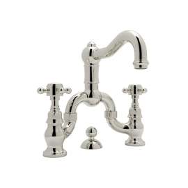 Deck Mount Bridge Lavatory Faucet with Cross Handles Pop-Up and Column Spout in Polished Nickel