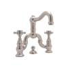 Deck Mount Bridge Lavatory Faucet with Cross Handles Pop-Up and Column Spout in Satin Nickel