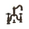 Deck Mount Bridge Lavatory Faucet with Cross Handles Pop-Up and Column Spout in Tuscan Brass