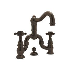 Deck Mount Bridge Lavatory Faucet with Cross Handles Pop-Up and Column Spout in Tuscan Brass