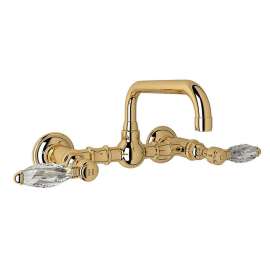 Wall Mount Bridge Lavatory Faucet with Crystal Levers and High Swinging Spout in Italian Brass