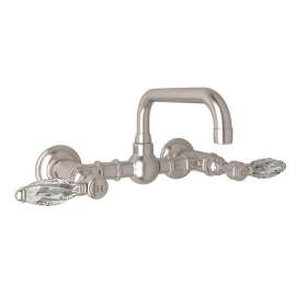 Wall Mount Bridge Lavatory Faucet with Crystal Levers and High Swinging Spout in Satin Nickel