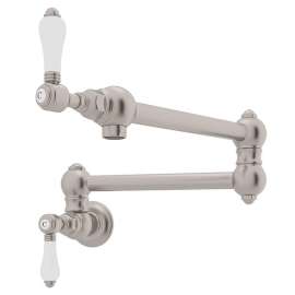 Wall Mount Swing Arm Pot Filler With Porcelain Lever Handle In Satin Nickel
