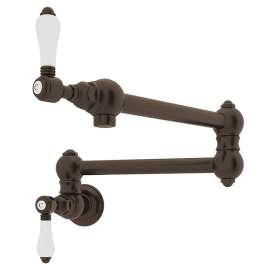 Wall Mount Swing Arm Pot Filler With Porcelain Lever Handle In Tuscan Brass