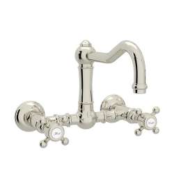 Wall Mount Column Spout Bridge Kitchen Faucet With Cross Handle In Polished Nickel