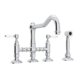 Deck Mount Column Spout 3 Leg Bridge Kitchen Faucet With Sidespray And Porcelain Lever Handle