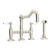 Deck Mount Column Spout 3 Leg Bridge Kitchen Faucet With Sidespray And Porcelain Lever Handle In Polished Nickel